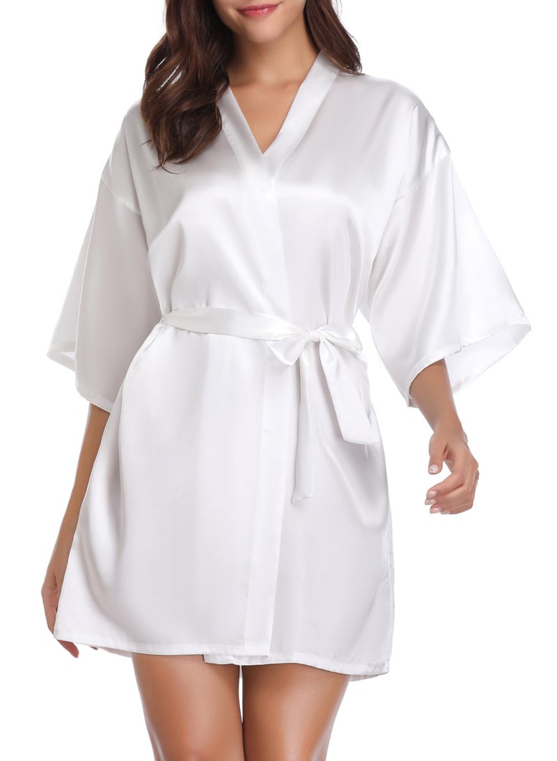 Vlazom Women's Kimono Robes Satin Short Style with Oblique V-Neck Robe (White, Medium) - Image 1